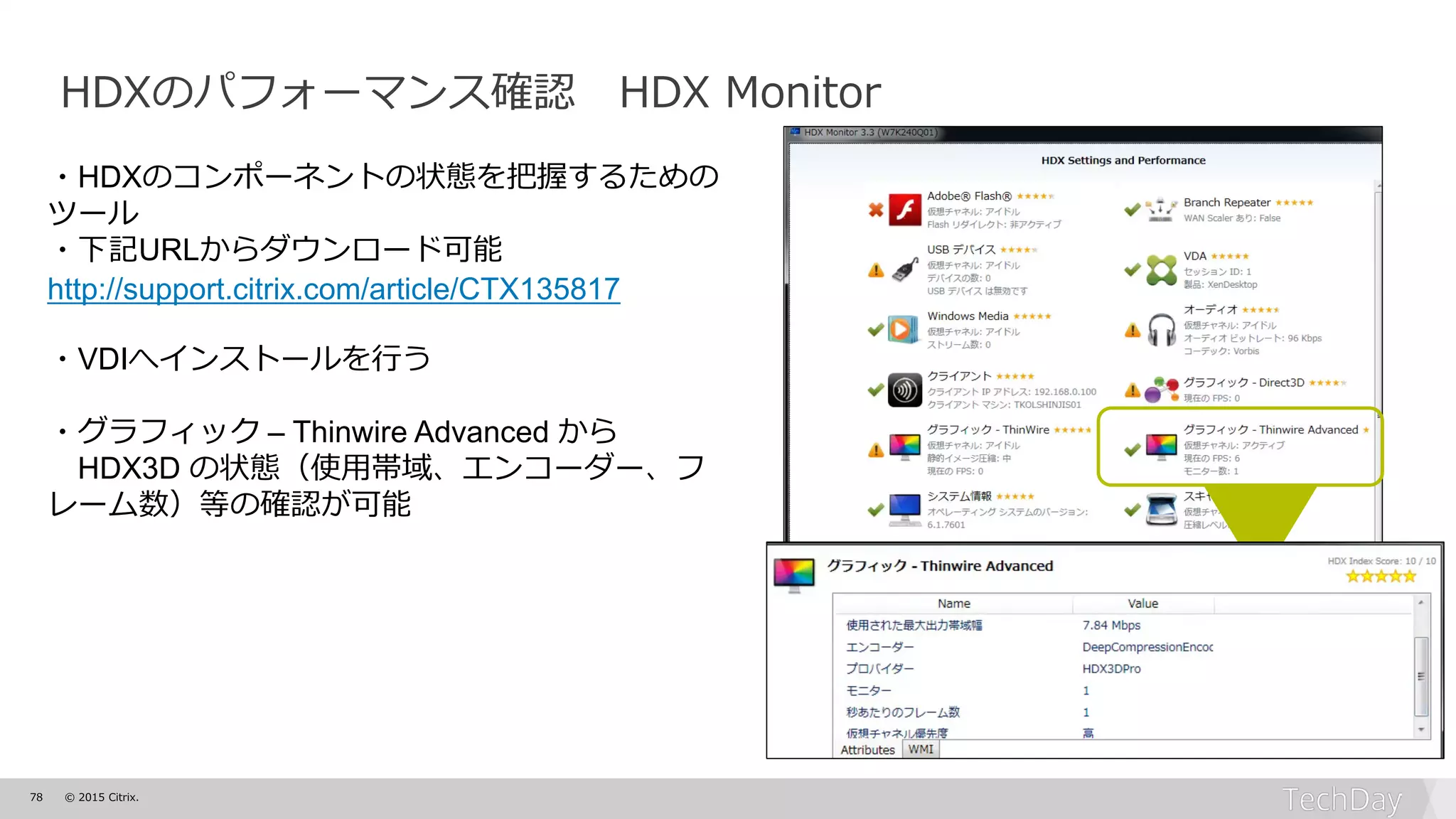 78 © 2015 Citrix.
HDXのパフォーマンス確認 HDX Monitor
・HDXのコンポーネントの状態を把握するための
ツール
・下記URLからダウンロード可能
http://support.citrix.com/article/CTX135817
・VDIへインストールを行う
・グラフィック – Thinwire Advanced から
HDX3D の状態（使用帯域、エンコーダー、フ
レーム数）等の確認が可能
 
