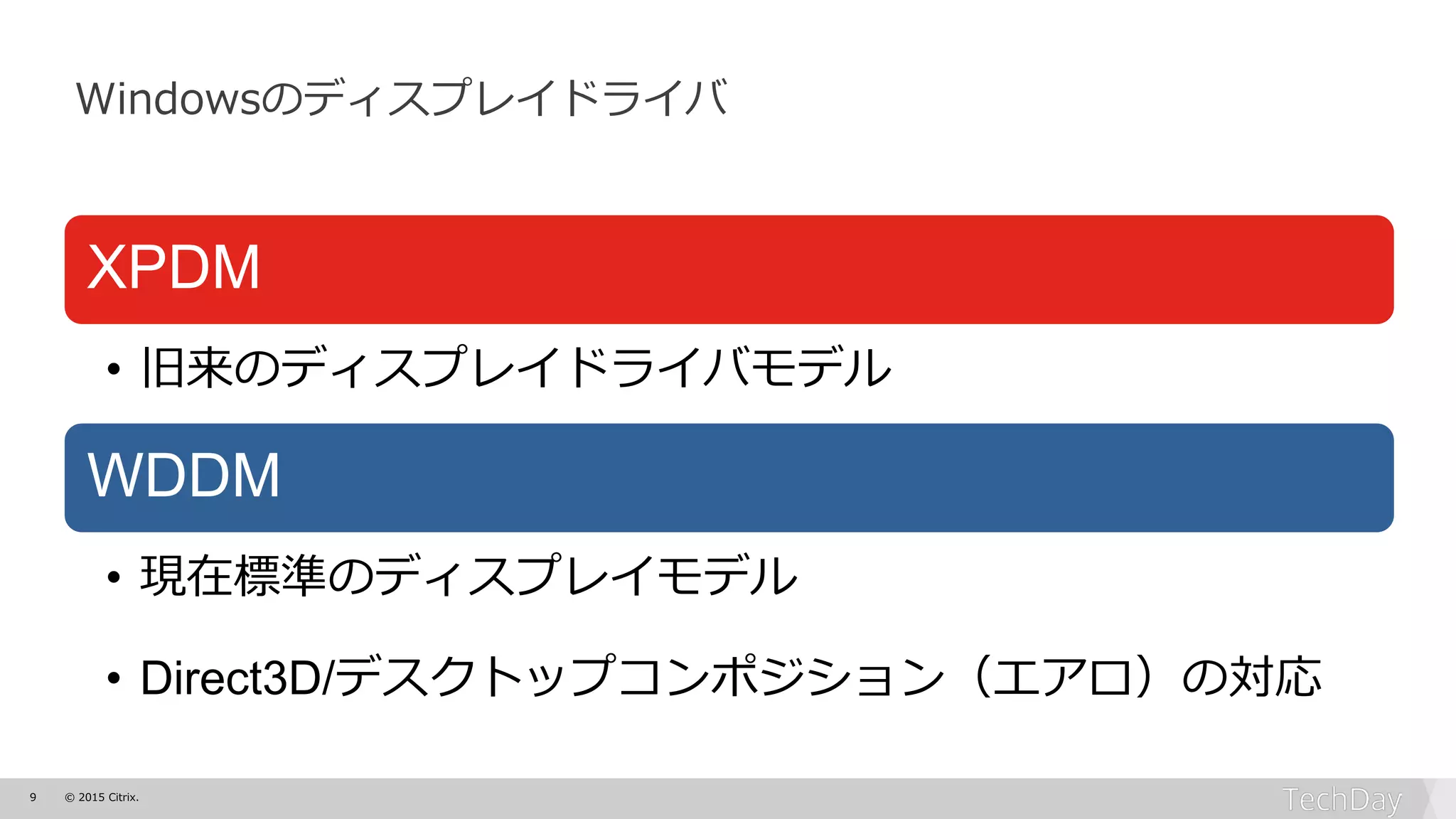 9 © 2015 Citrix.
Windowsのディスプレイドライバ
XPDM
• 旧来のディスプレイドライバモデル
WDDM
• 現在標準のディスプレイモデル
• Direct3D/デスクトップコンポジション（エアロ）の対応
 