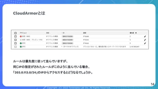 Copyright (C) 2022 Toranoana Lab Inc. All Rights Reserved.
CloudArmorとは
ルールは優先度に従って並んでいますが、
同じIPの指定がされたルールがこのように並んでいる場合、
「203.0.113.0/24」のIPからアクセスするとどうなるでしょうか。
14
 