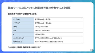 Copyright (C) 2022 Toranoana Lab Inc. All Rights Reserved.
詳細モードによるアクセス制限（条件組み合わせによる制限）
論理演算子は様々な種類があります。
x == ”hoge” 文字列hogeと一致する
x != ”hoge” 文字列hogeと一致しない
x && y x かつ y がtrueである
x || y x または y がtrueである
!x x がfalseである
x.contains(‘hoge’) 文字列xに部分文字列hogeが含まれている
inIpRange(x, y) IPアドレスxがIPアドレス範囲yに含まれている
これ以外にも数種、論理演算が存在します
23
 