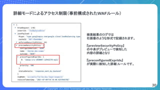 Copyright (C) 2022 Toranoana Lab Inc. All Rights Reserved.
詳細モードによるアクセス制限（事前構成されたWAFルール）
検索結果のログでは
右画像のような形式で記録されます。
『previewSecurityPolicy』
の中身がプレビューで検知した
内容の詳細となり
『preconﬁguredExprIds』
が実際に検知した詳細 ルールです。
30
 