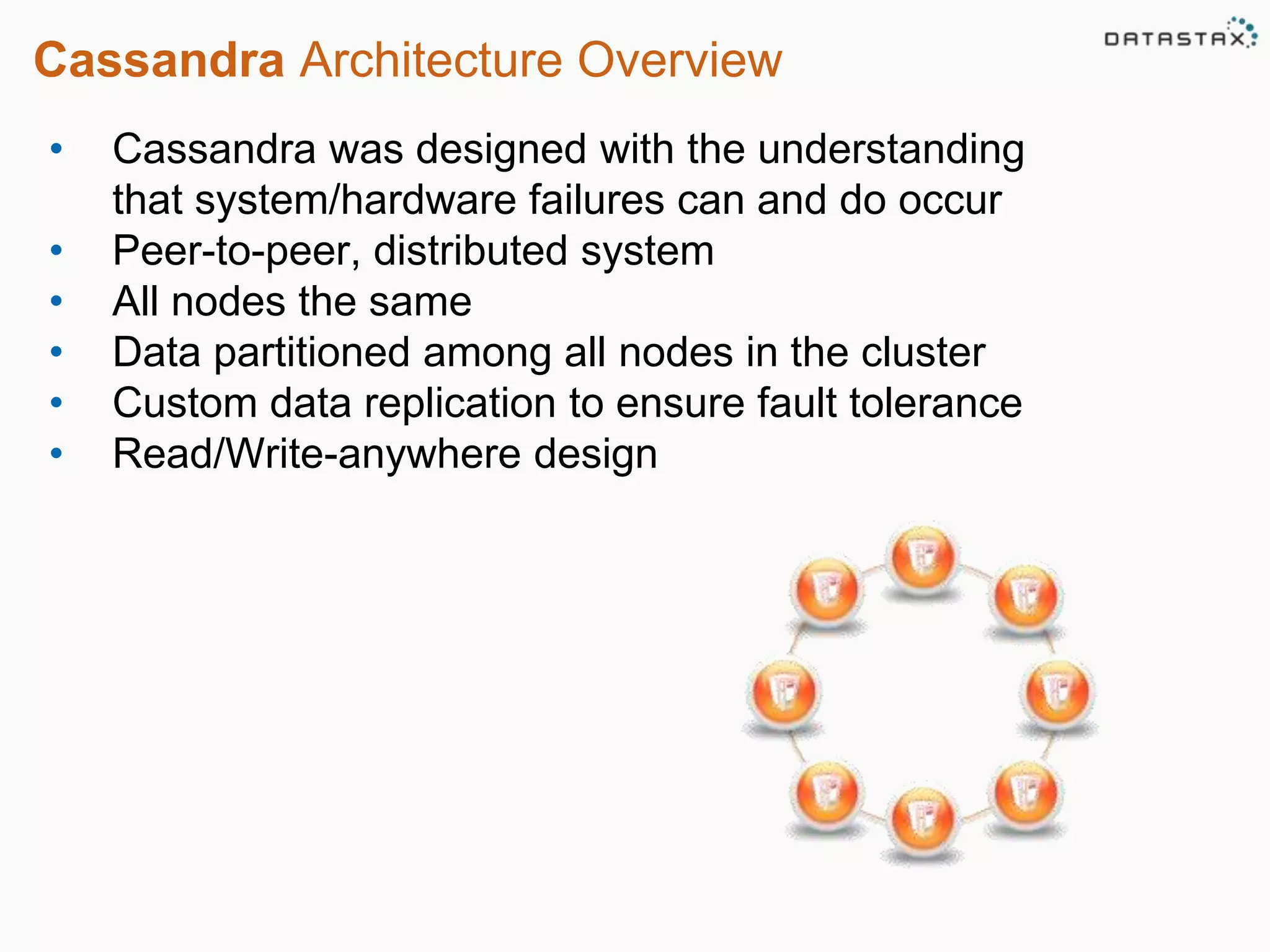 Cassandra Architecture Overview 
• Cassandra was designed with the understanding 
that system/hardware failures can and do occur 
• Peer-to-peer, distributed system 
• All nodes the same 
• Data partitioned among all nodes in the cluster 
• Custom data replication to ensure fault tolerance 
• Read/Write-anywhere design 
 