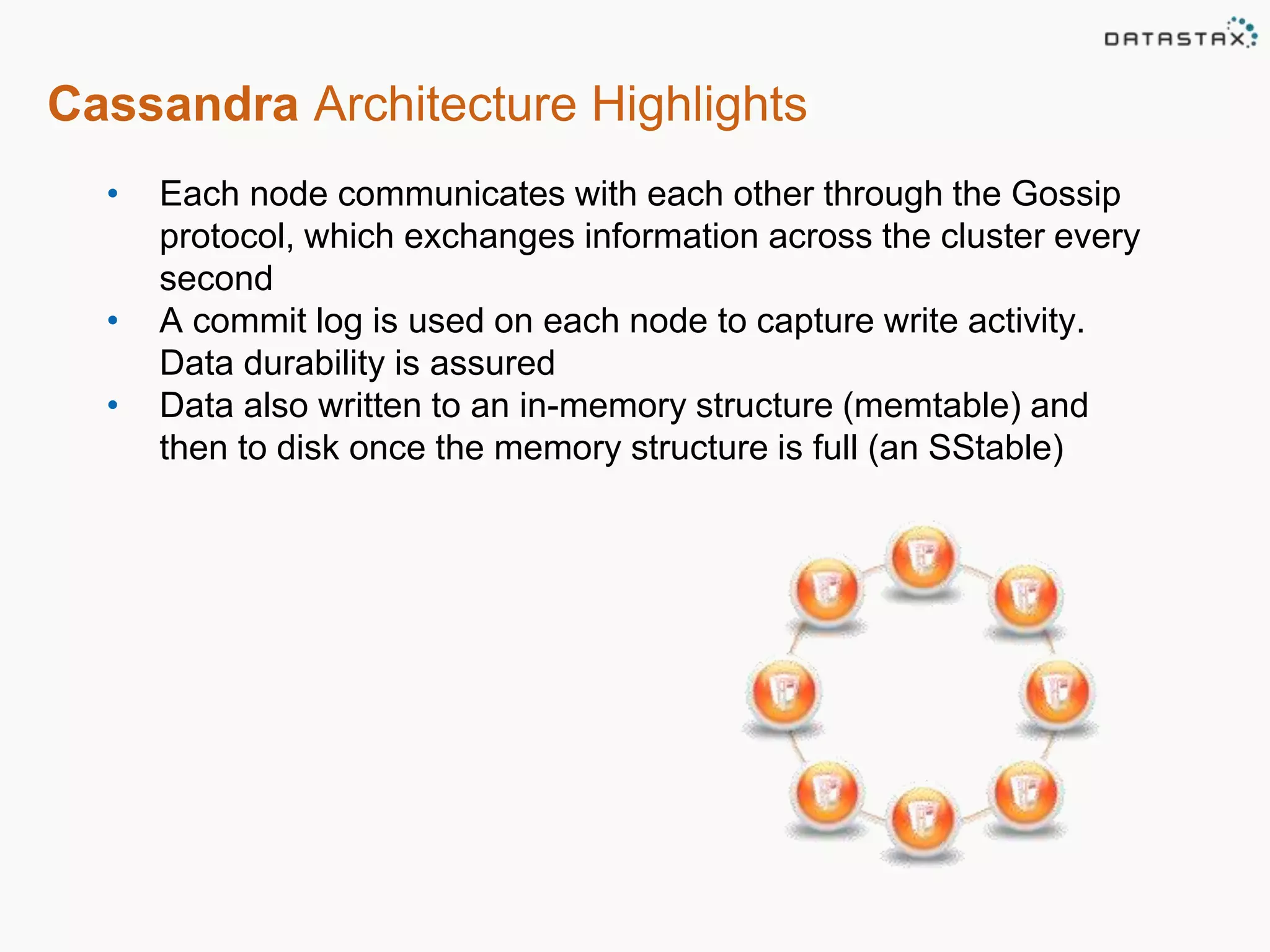 Cassandra Architecture Highlights 
• Each node communicates with each other through the Gossip 
protocol, which exchanges information across the cluster every 
second 
• A commit log is used on each node to capture write activity. 
Data durability is assured 
• Data also written to an in-memory structure (memtable) and 
then to disk once the memory structure is full (an SStable) 
 