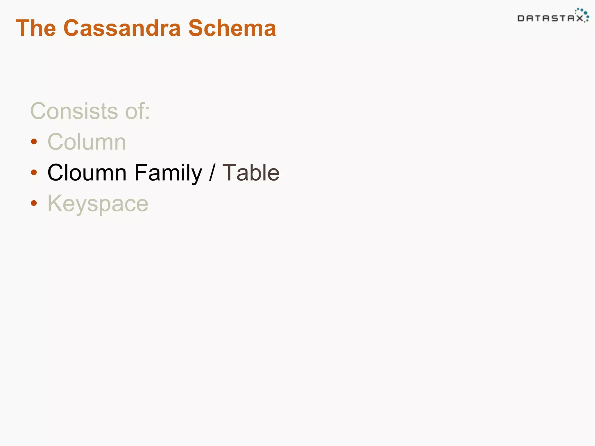 The Cassandra Schema 
Consists of: 
• Column 
• Cloumn Family / Table 
• Keyspace 
 