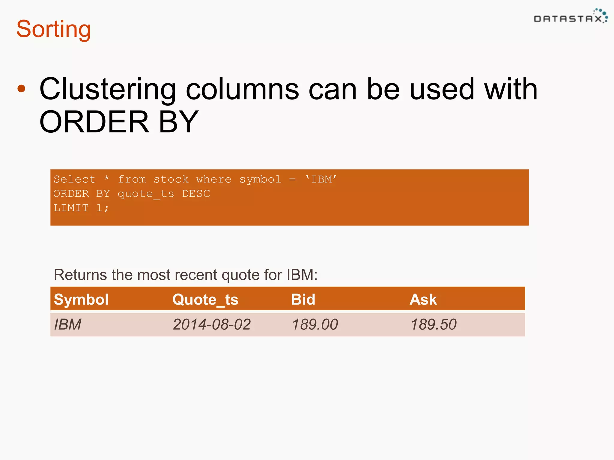 Sorting 
• Clustering columns can be used with 
ORDER BY 
Select * from stock where symbol = ‘IBM’ 
ORDER BY quote_ts DESC 
LIMIT 1; 
Returns the most recent quote for IBM: 
Symbol Quote_ts Bid Ask 
IBM 2014-08-02 189.00 189.50 
 