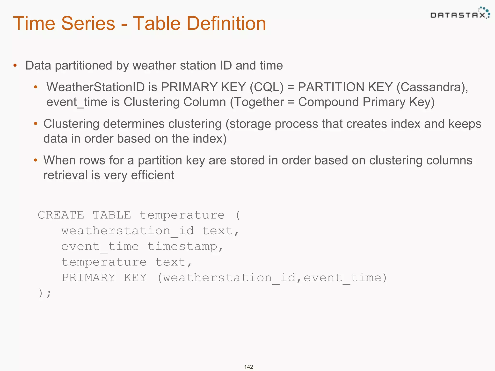 Time Series - Table Definition 
• Data partitioned by weather station ID and time 
• WeatherStationID is PRIMARY KEY (CQL) = PARTITION KEY (Cassandra), 
event_time is Clustering Column (Together = Compound Primary Key) 
• Clustering determines clustering (storage process that creates index and keeps 
data in order based on the index) 
• When rows for a partition key are stored in order based on clustering columns 
retrieval is very efficient 
CREATE TABLE temperature ( 
weatherstation_id text, 
event_time timestamp, 
temperature text, 
PRIMARY KEY (weatherstation_id,event_time) 
); 
142 
 