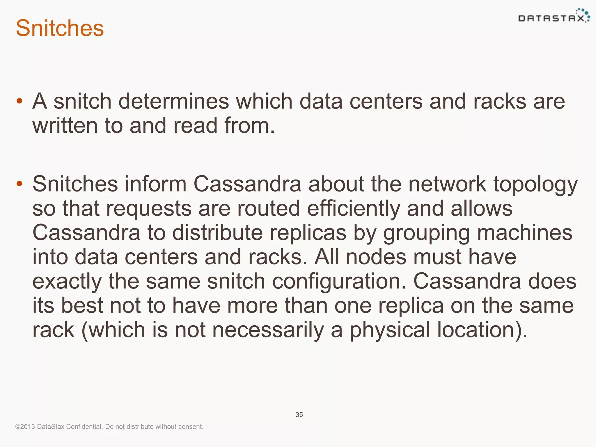 Snitches 
• A snitch determines which data centers and racks are 
written to and read from. 
• Snitches inform Cassandra about the network topology 
so that requests are routed efficiently and allows 
Cassandra to distribute replicas by grouping machines 
into data centers and racks. All nodes must have 
exactly the same snitch configuration. Cassandra does 
its best not to have more than one replica on the same 
rack (which is not necessarily a physical location). 
©2013 DataStax Confidential. Do not distribute without consent. 
35 
 