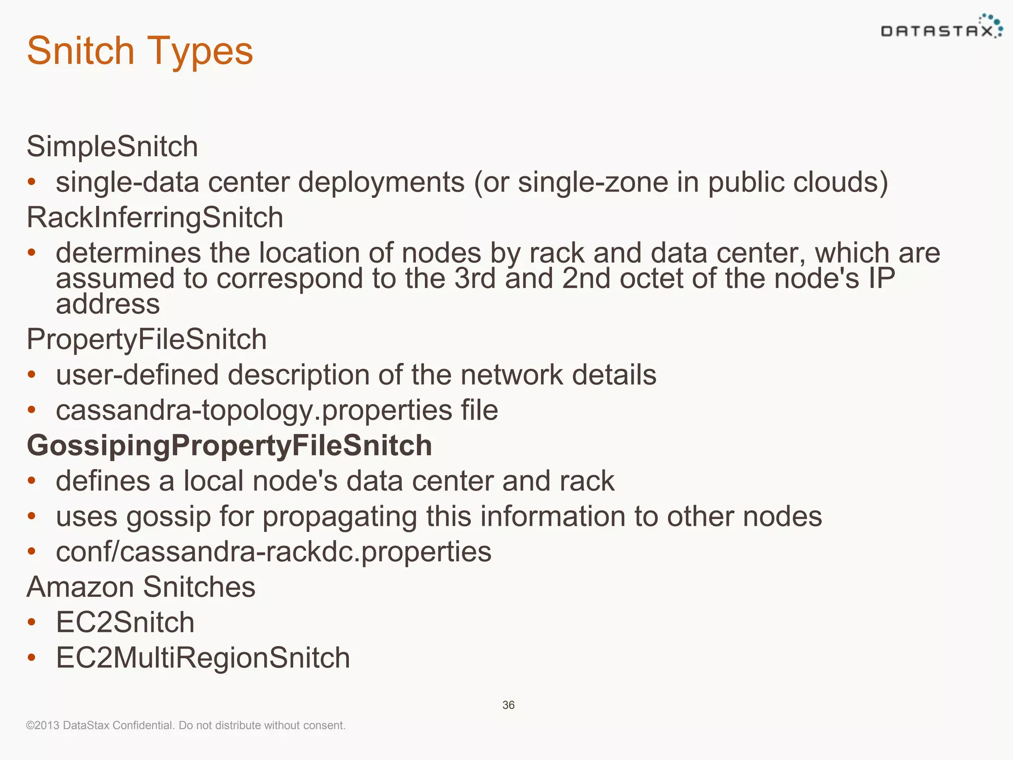 Snitch Types 
SimpleSnitch 
• single-data center deployments (or single-zone in public clouds) 
RackInferringSnitch 
• determines the location of nodes by rack and data center, which are 
assumed to correspond to the 3rd and 2nd octet of the node's IP 
address 
PropertyFileSnitch 
• user-defined description of the network details 
• cassandra-topology.properties file 
GossipingPropertyFileSnitch 
• defines a local node's data center and rack 
• uses gossip for propagating this information to other nodes 
• conf/cassandra-rackdc.properties 
Amazon Snitches 
• EC2Snitch 
• EC2MultiRegionSnitch 
©2013 DataStax Confidential. Do not distribute without consent. 
36 
 