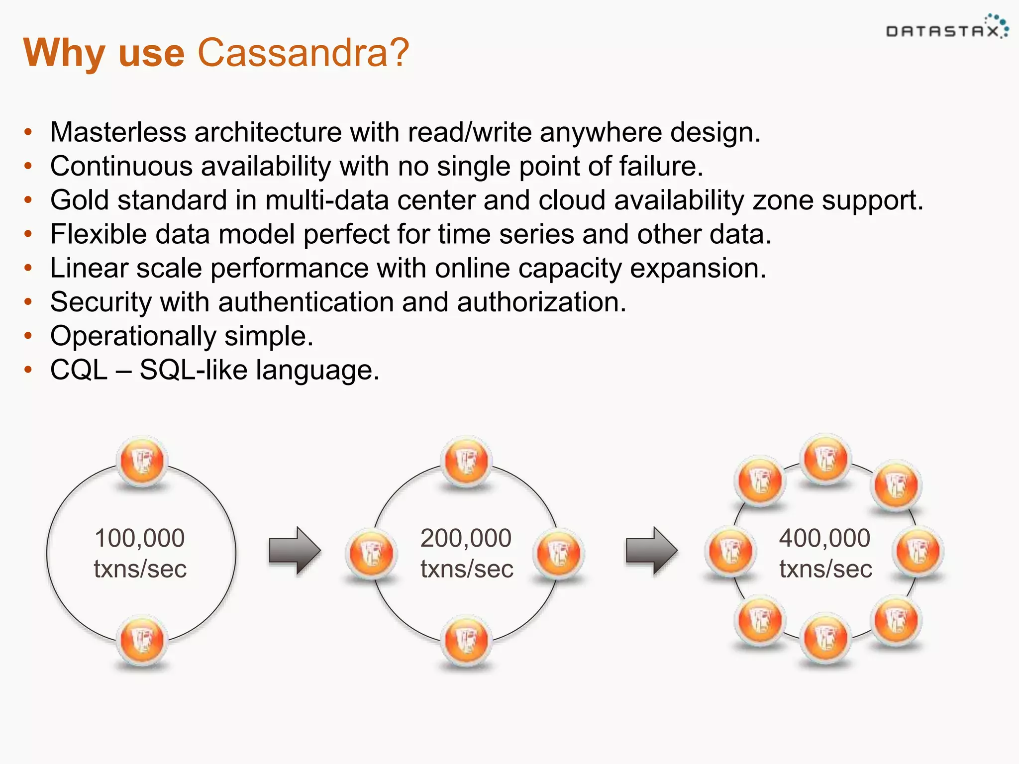 Why use Cassandra? 
• Masterless architecture with read/write anywhere design. 
• Continuous availability with no single point of failure. 
• Gold standard in multi-data center and cloud availability zone support. 
• Flexible data model perfect for time series and other data. 
• Linear scale performance with online capacity expansion. 
• Security with authentication and authorization. 
• Operationally simple. 
• CQL – SQL-like language. 
100,000 
txns/sec 
200,000 
txns/sec 
400,000 
txns/sec 
 