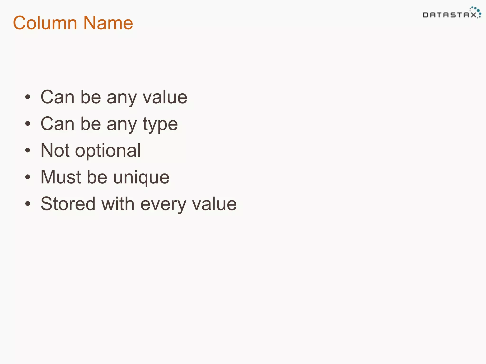 Column Name 
• Can be any value 
• Can be any type 
• Not optional 
• Must be unique 
• Stored with every value 
 