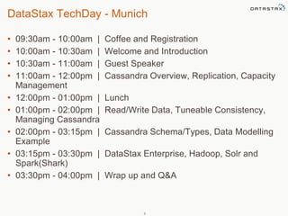 DataStax TechDay - Munich 
• 09:30am - 10:00am | Coffee and Registration 
• 10:00am - 10:30am | Welcome and Introduction 
• 10:30am - 11:00am | Guest Speaker 
• 11:00am - 12:00pm | Cassandra Overview, Replication, Capacity 
Management 
• 12:00pm - 01:00pm | Lunch 
• 01:00pm - 02:00pm | Read/Write Data, Tuneable Consistency, 
Managing Cassandra 
• 02:00pm - 03:15pm | Cassandra Schema/Types, Data Modelling 
Example 
• 03:15pm - 03:30pm | DataStax Enterprise, Hadoop, Solr and 
Spark(Shark) 
• 03:30pm - 04:00pm | Wrap up and Q&A 
3 
 