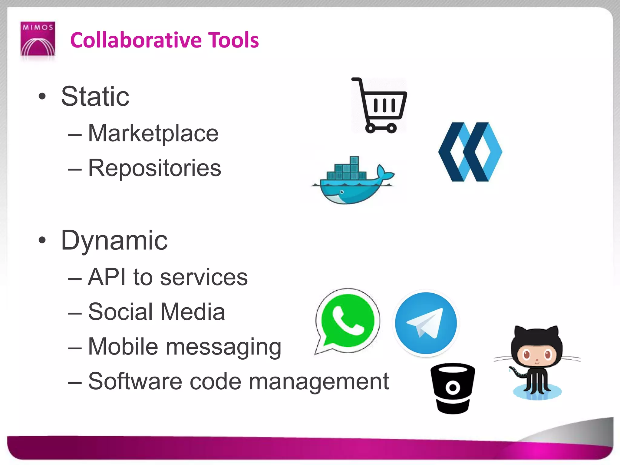 Collaborative Tools
• Static
– Marketplace
– Repositories
• Dynamic
– API to services
– Social Media
– Mobile messaging
– Software code management
 