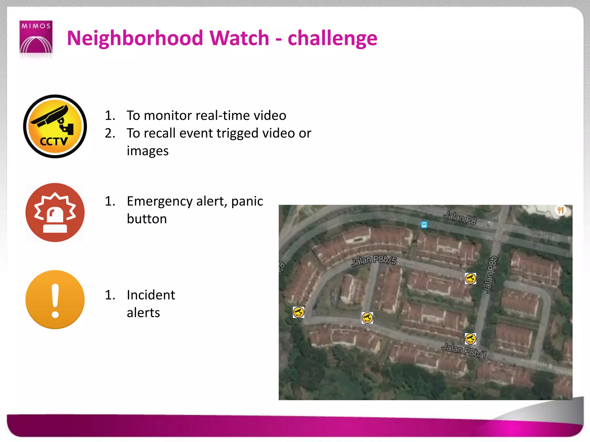 Neighborhood Watch - challenge
1. To monitor real-time video
2. To recall event trigged video or
images
1. Emergency alert, panic
button
1. Incident
alerts
 