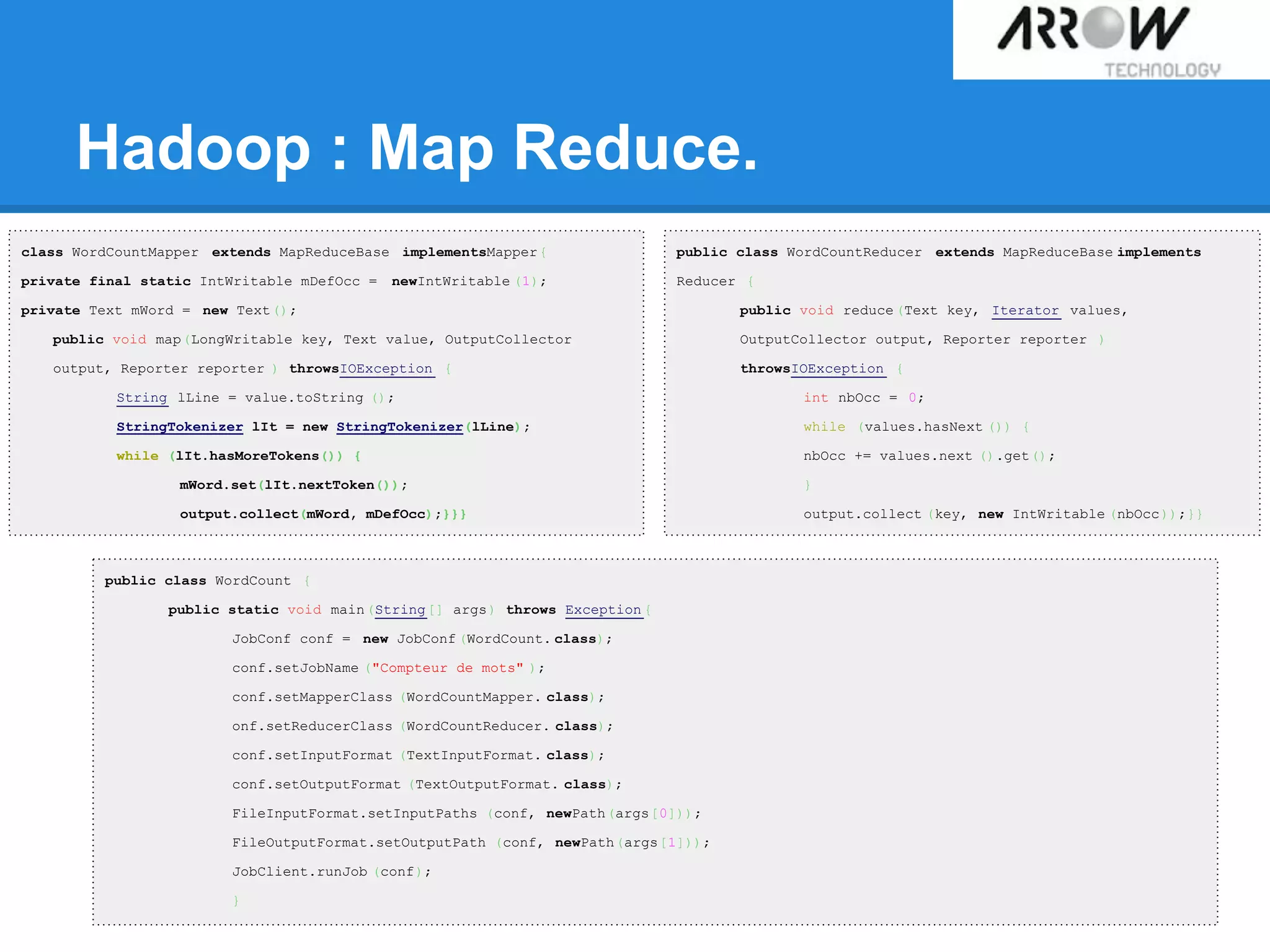 Hadoop : Map Reduce.
public class WordCountReducer extends MapReduceBase implements
Reducer {
public void reduce(Text key, Iterator values,
OutputCollector output, Reporter reporter )
throwsIOException {
int nbOcc = 0;
while (values.hasNext ()) {
nbOcc += values.next ().get();
}
output.collect (key, new IntWritable (nbOcc));}}
class WordCountMapper extends MapReduceBase implementsMapper{
private final static IntWritable mDefOcc = newIntWritable (1);
private Text mWord = new Text();
public void map(LongWritable key, Text value, OutputCollector
output, Reporter reporter ) throwsIOException {
String lLine = value.toString ();
StringTokenizer lIt = new StringTokenizer(lLine);
while (lIt.hasMoreTokens()) {
mWord.set(lIt.nextToken());
output.collect(mWord, mDefOcc);}}}
public class WordCount {
public static void main(String[] args) throws Exception {
JobConf conf = new JobConf (WordCount. class);
conf.setJobName ("Compteur de mots" );
conf.setMapperClass (WordCountMapper. class);
onf.setReducerClass (WordCountReducer. class);
conf.setInputFormat (TextInputFormat. class);
conf.setOutputFormat (TextOutputFormat. class);
FileInputFormat.setInputPaths (conf, newPath(args[0]));
FileOutputFormat.setOutputPath (conf, newPath(args[1]));
JobClient.runJob (conf);
}
 