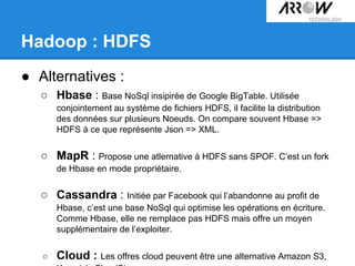 ● Alternatives :
○ Hbase : Base NoSql insipirée de Google BigTable. Utilisée
conjointement au système de fichiers HDFS, il facilite la distribution
des données sur plusieurs Noeuds. On compare souvent Hbase =>
HDFS à ce que représente Json => XML.
○ MapR : Propose une atlernative à HDFS sans SPOF. C’est un fork
de Hbase en mode propriétaire.
○ Cassandra : Initiée par Facebook qui l’abandonne au profit de
Hbase, c’est une base NoSql qui optimise les opérations en écriture.
Comme Hbase, elle ne remplace pas HDFS mais offre un moyen
supplémentaire de l’exploiter.
○ Cloud : Les offres cloud peuvent être une alternative Amazon S3,
Hadoop : HDFS
 