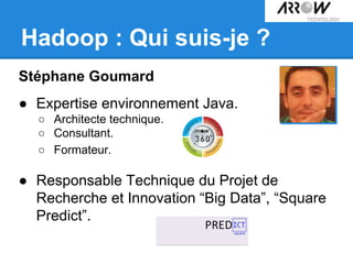 Hadoop : Qui suis-je ?
Stéphane Goumard
● Expertise environnement Java.
○ Architecte technique.
○ Consultant.
○ Formateur.
● Responsable Technique du Projet de
Recherche et Innovation “Big Data”, “Square
Predict”.
 