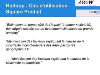 Hadoop : Cas d’utilisation
Square Predict
“Estimation en temps réel de l’impact (étendue + sévérité)
des dégâts causés par un évènement climatique de grande
ampleur”
“Identification des facteurs expliquant la hausse de la
sinistralité incendie/dégâts des eaux par zones
géographiques”
“Identification des facteurs expliquant la hausse de la
sinistralité automobiles ”
 