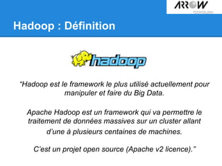 Hadoop : Définition
“Hadoop est le framework le plus utilisé actuellement pour
manipuler et faire du Big Data.
Apache Hadoop est un framework qui va permettre le
traitement de données massives sur un cluster allant
d’une à plusieurs centaines de machines.
C’est un projet open source (Apache v2 licence).”
 