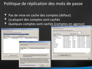 Politique de réplication des mots de passe Pas de mise en cache des comptes (défaut) La plupart des comptes sont cachés Quelques comptes sont cachés (comptes en agence) 