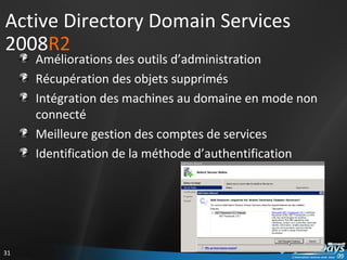 Active Directory Domain Services 2008 R2 Améliorations des outils d’administration Récupération des objets supprimés Intégration des machines au domaine en mode non connecté Meilleure gestion des comptes de services Identification de la méthode d’authentification 