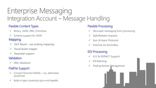 Flexible Content Types
 Binary, JSON, XML, Primitives
 Schema support for JSON
Mapping
 XSLT Based – use existing mappings
 Visual Studio mapper
 Parameter support
Validation
 XML Validation
FlatFile Support
 Convert from/to FlatFile – csv, delimited,
positional
 Built-in type conversion json-xml-base64
Flexible Processing
 Decouple messaging from processing
 Split/Debatch requests
 Sync & Async Protocols
 Pub/Sub via ServiceBus
EDI Processing
 X12 & EDIFACT Support
 EDI Batching
 Trading Partner Management
Mapping
 XSLT Based – use existing mappings
 Visual Studio mapper
 Parameter support
 
