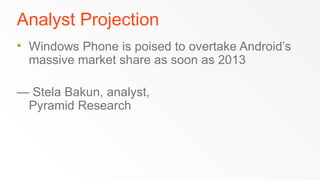 Analyst Projection
   Windows Phone is poised to overtake Android’s
    massive market share as soon as 2013

— Stela Bakun, analyst,
 Pyramid Research
 
