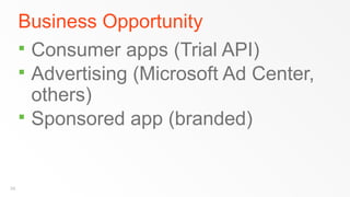 Business Opportunity
      Consumer apps (Trial API)
      Advertising (Microsoft Ad Center,
       others)
      Sponsored app (branded)



34
 