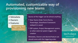 Automated, customizable way of
provisioning new teams
• Metadata
• Owners
• Features
Triggering the
team creation
Source of the trigger can be almost anything
• New Teams Order Form (Forms,
PowerApps, SharePoint Framework
webpart) is saved
• ERP system, Project Management system,
or other external system triggers the
creation
Metadata, Owners and desired feature set
should come with the triggering order.
 