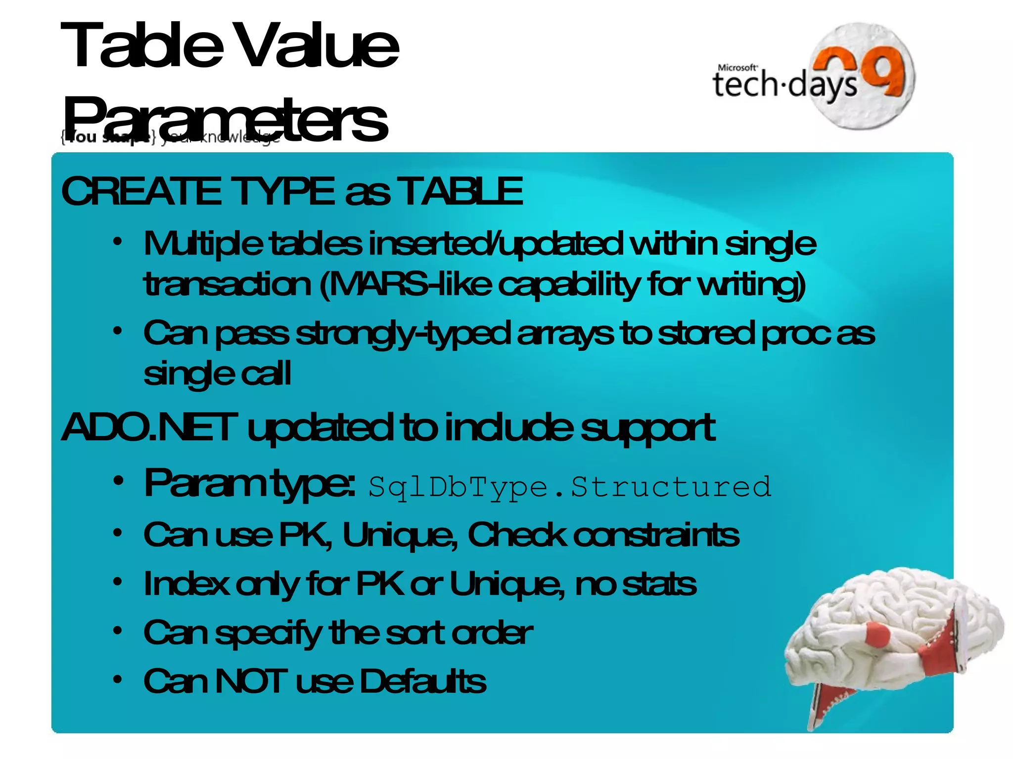 Table Value Parameters CREATE TYPE as TABLE Multiple tables inserted/updated within single transaction (MARS-like capability for writing) Can pass strongly-typed arrays to stored proc as single call ADO.NET updated to include support Param type: SqlDbType.Structured Can use PK, Unique, Check constraints Index only for PK or Unique, no stats Can specify the sort order Can NOT use Defaults 