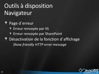 Outils à dispositionNavigateurPage d´erreurErreur renvoyée par IISErreur renvoyée par SharePointDésactivation de la fonction d´affichage 	Show friendly HTTP error message