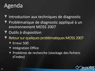 AgendaIntroduction aux techniques de diagnosticProblématique de diagnostic appliqué à un environnement MOSS 2007Outils à dispositionRetour sur quelques problématiques MOSS 2007Erreur 500Intégration OfficeProblème de recherche(stockage des fichiersd’index)