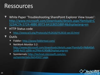RessourcesWhite Paper ‘Troubleshooting SharePoint Explorer View Issues’: http://www.microsoft.com/Downloads/details.aspx?familyid=C523AC7A-5724-48BE-B973-641E805588F4&displaylang=enHTTP Status codehttp://www.w3.org/Protocols/rfc2616/rfc2616-sec10.htmlOutilsFiddler: http://www.fiddlertool.com/NetWork Monitor 3.2: http://www.microsoft.com/downloads/details.aspx?FamilyID=f4db40af-1e08-4a21-a26b-ec2f4dc4190d&DisplayLang=enSysinternals: http://technet.microsoft.com/en-us/sysinternals/bb545027.aspx