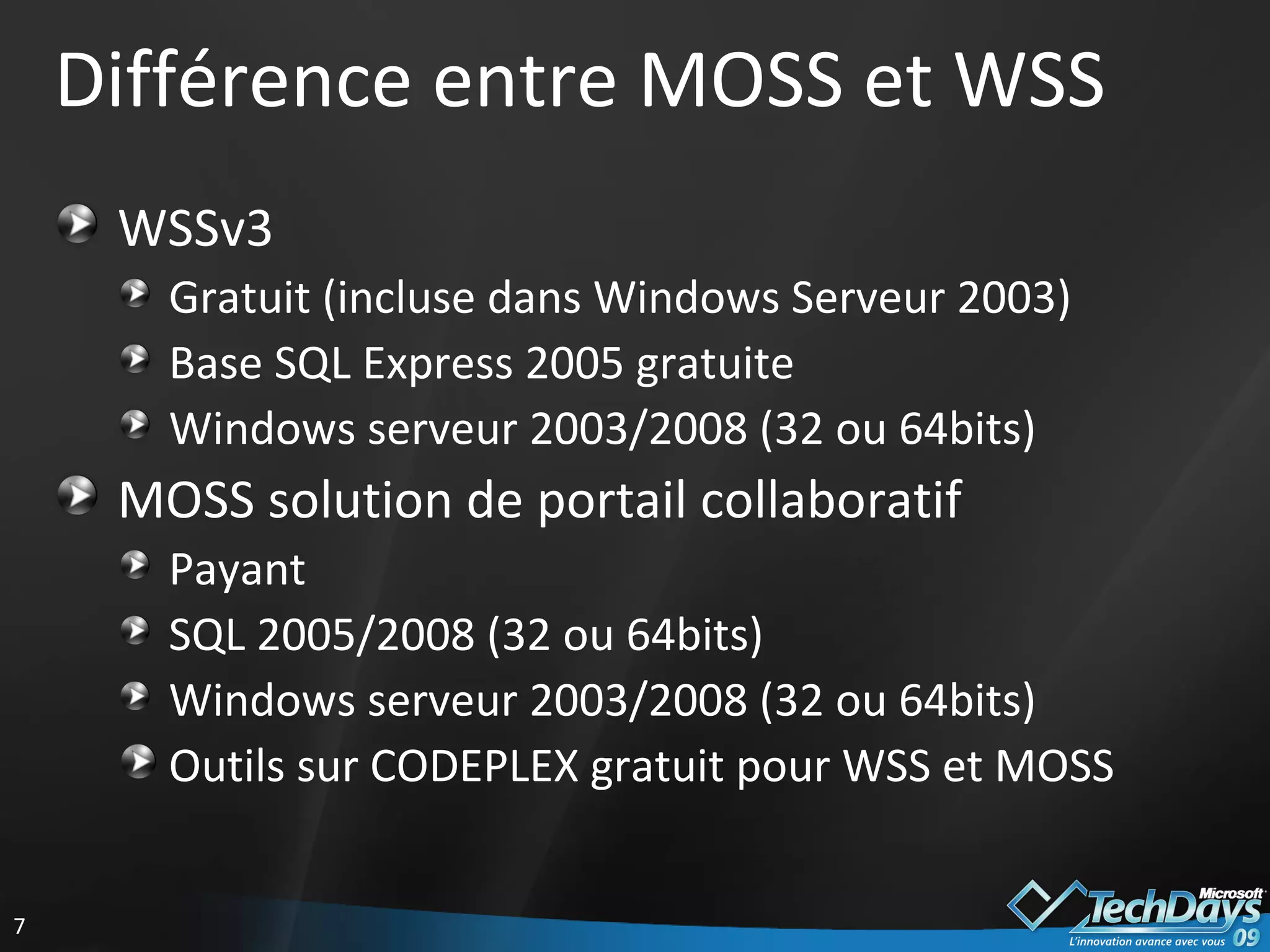 Différence entre MOSS et WSS WSSv3 Gratuit (incluse dans Windows Serveur 2003) Base SQL Express 2005 gratuite Windows serveur 2003/2008 (32 ou 64bits) MOSS solution de portail collaboratif  Payant SQL 2005/2008 (32 ou 64bits) Windows serveur 2003/2008 (32 ou 64bits) Outils sur CODEPLEX gratuit pour WSS et MOSS 