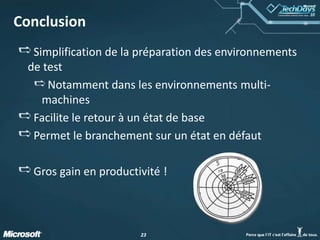 2323
Conclusion
Simplification de la préparation des environnements
de test
Notamment dans les environnements multi-
machines
Facilite le retour à un état de base
Permet le branchement sur un état en défaut
Gros gain en productivité !
 