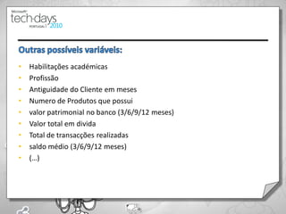 •   Habilitações académicas
•   Profissão
•   Antiguidade do Cliente em meses
•   Numero de Produtos que possui
•   valor patrimonial no banco (3/6/9/12 meses)
•   Valor total em divida
•   Total de transacções realizadas
•   saldo médio (3/6/9/12 meses)
•   (…)
 