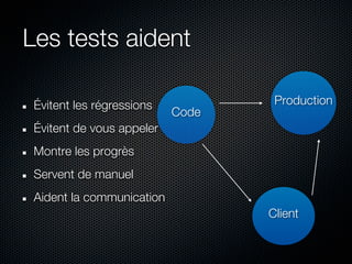 Les tests aident

 Évitent les régressions           Production
                           Code
 Évitent de vous appeler
 Montre les progrès
 Servent de manuel
 Aident la communication
                                  Client
 