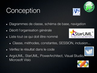Conception
Diagrammes de classe, schéma de base, navigation
Décrit l’organisation générale
Liste tout ce qui doit être nommé
  Classe, méthodes, constantes, SESSION, inclusion...
Vérifiez le résultat dans le code
ArgoUML, StarUML, PowerArchitect, Visual Studio,
Microsoft Visio
 