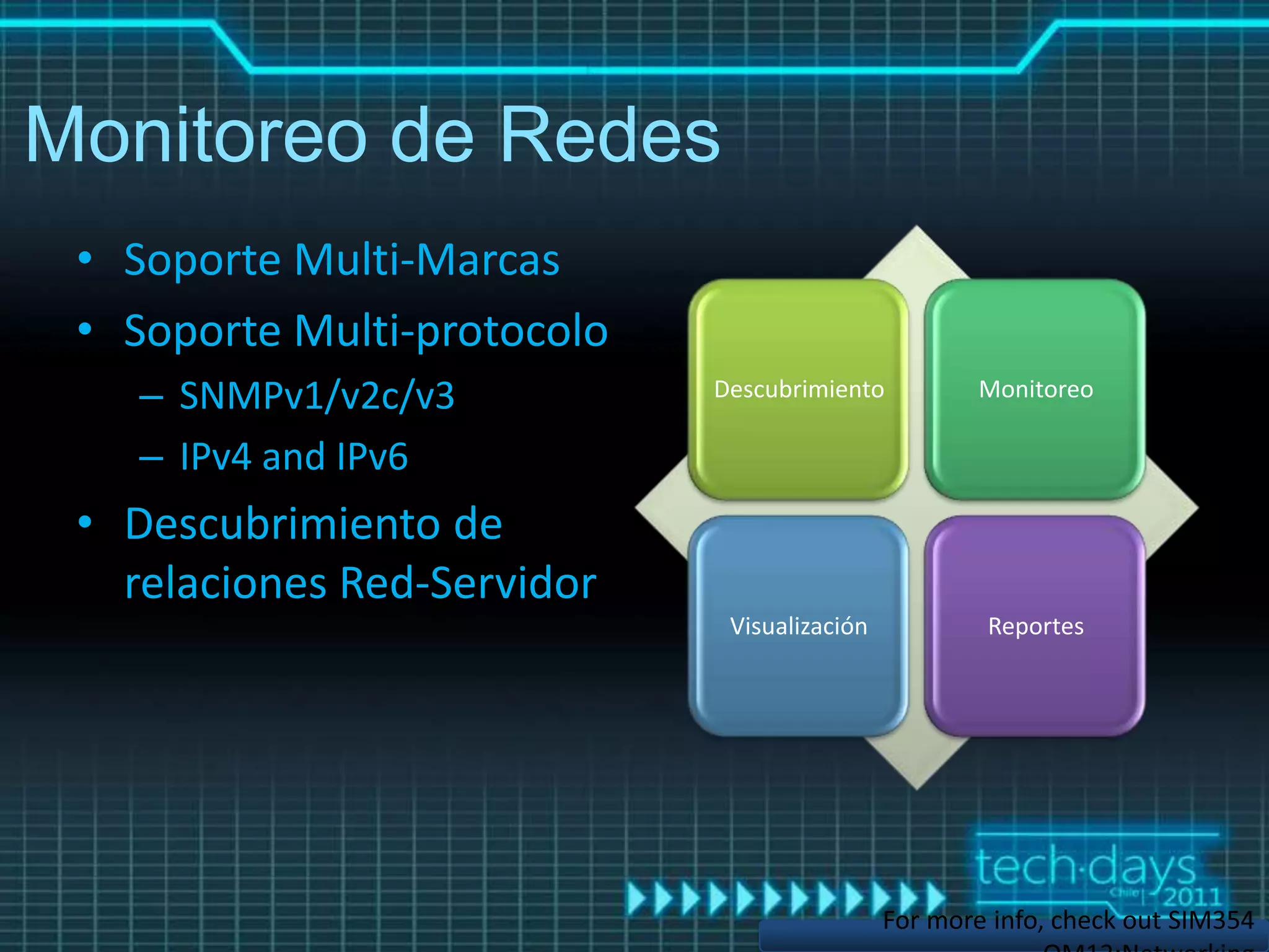 Monitoreo de Redes
 • Soporte Multi-Marcas
 • Soporte Multi-protocolo
    – SNMPv1/v2c/v3          Descubrimiento   Monitoreo

    – IPv4 and IPv6
 • Descubrimiento de
   relaciones Red-Servidor
                              Visualización   Reportes
 