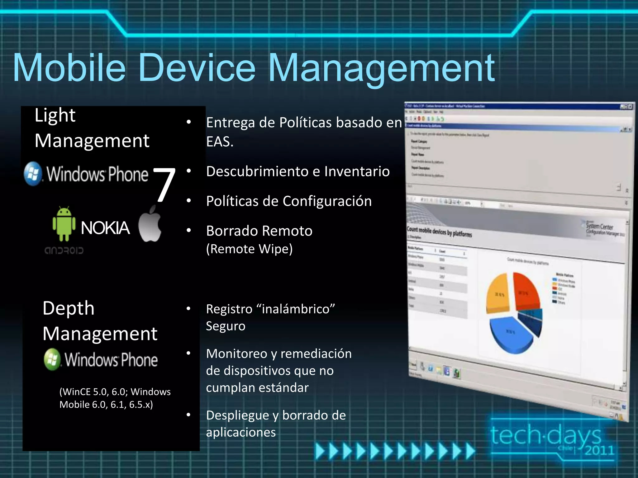 Mobile Device Management
 Light                        • Entrega de Políticas basado en
 Management                     EAS.
                              • Descubrimiento e Inventario
                      7       • Políticas de Configuración
       NOKIA                  • Borrado Remoto
                                  (Remote Wipe)



 Depth                        •   Registro “inalámbrico”
                                  Seguro
 Management
                              •   Monitoreo y remediación
                                  de dispositivos que no
   (WinCE 5.0, 6.0; Windows       cumplan estándar
   Mobile 6.0, 6.1, 6.5.x)
                              •   Despliegue y borrado de
                                  aplicaciones
 