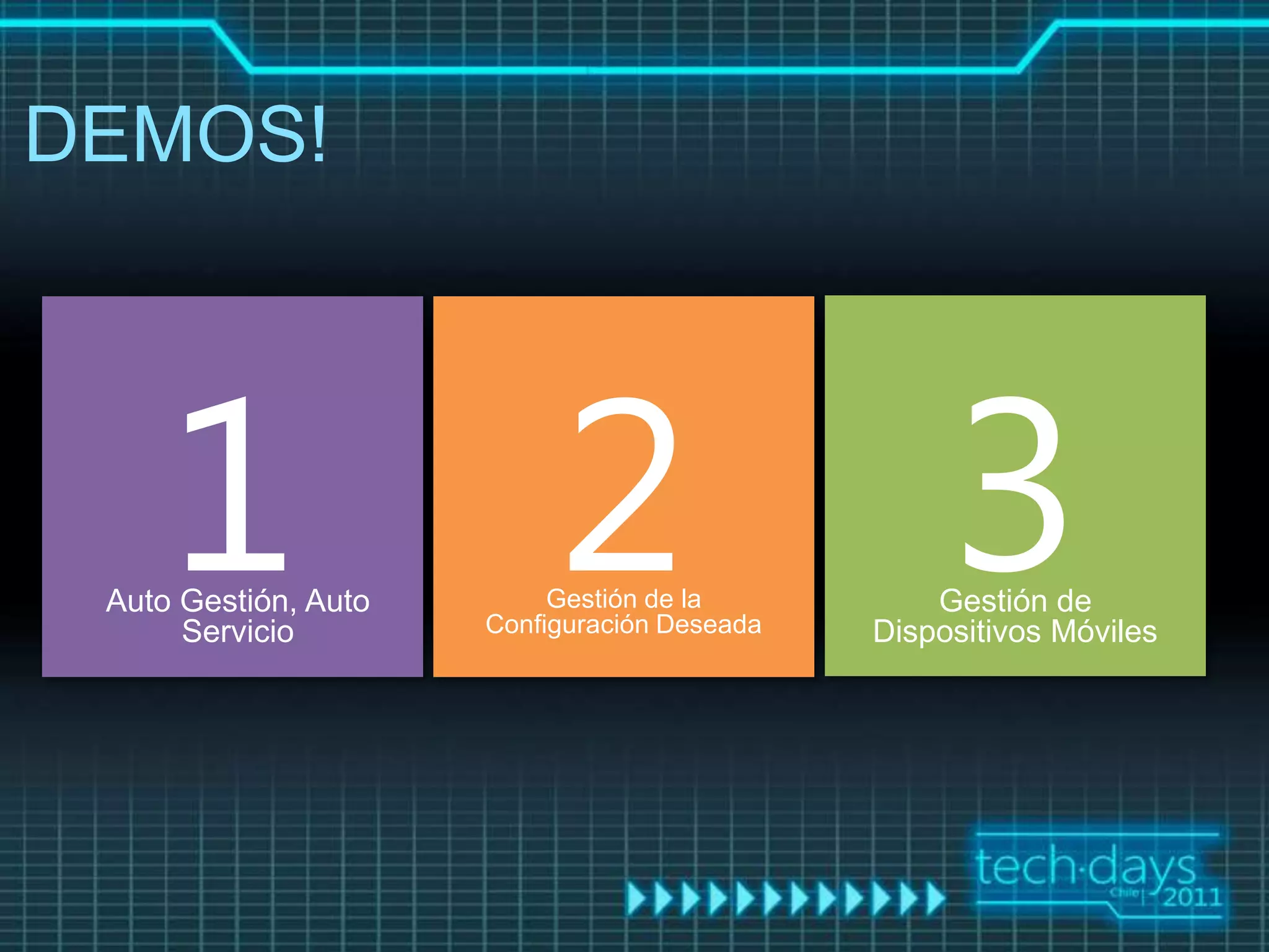 DEMOS!




     1
 Auto Gestión, Auto
      Servicio
                           2
                           Gestión de la
                      Configuración Deseada
                                                   3
                                                  Gestión de
                                              Dispositivos Móviles
 