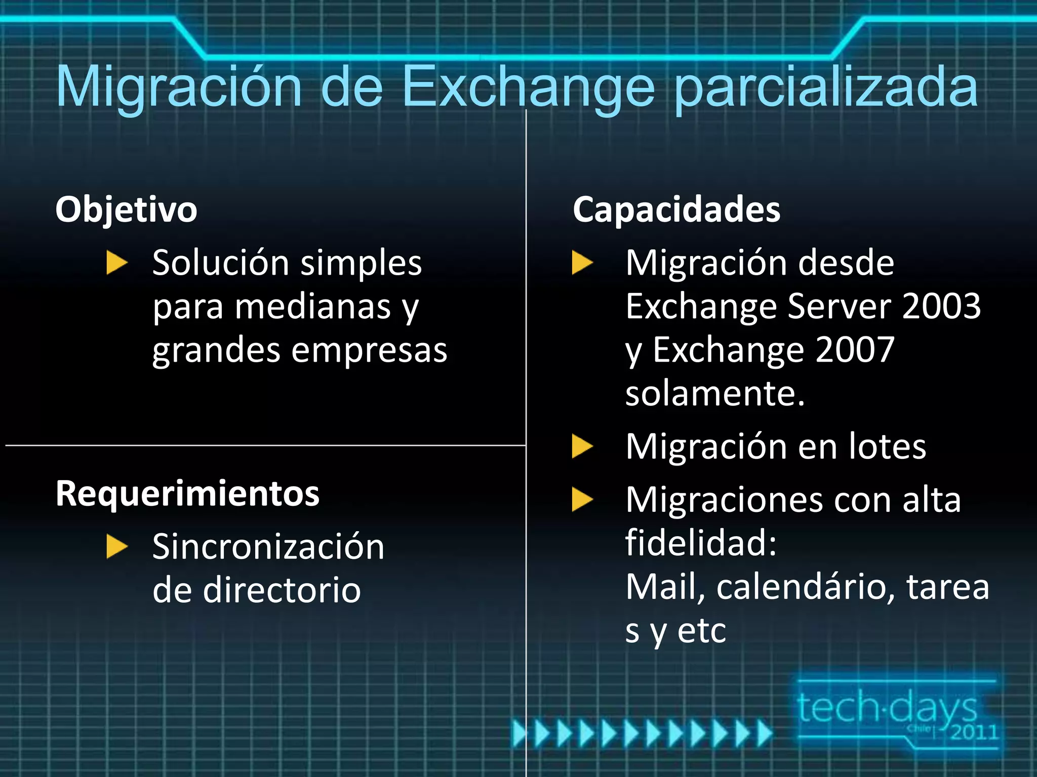 Migración de Exchange parcializada

Objetivo                Capacidades
     Solución simples      Migración desde
     para medianas y       Exchange Server 2003
     grandes empresas      y Exchange 2007
                           solamente.
                           Migración en lotes
Requerimientos             Migraciones con alta
     Sincronización        fidelidad:
     de directorio         Mail, calendário, tarea
                           s y etc
 