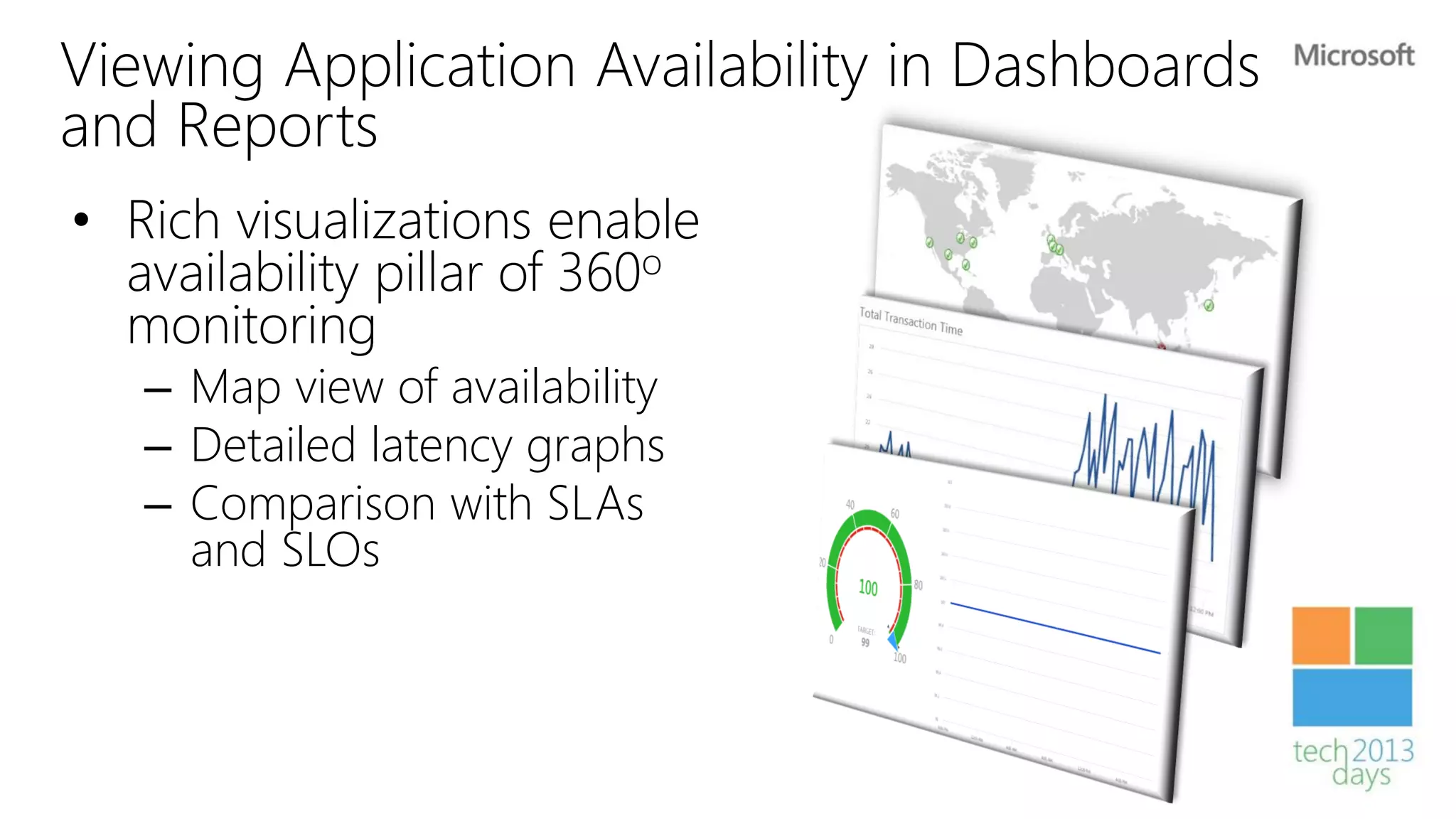 Viewing Application Availability in Dashboards
and Reports
• Rich visualizations enable
  availability pillar of 360o
  monitoring
   – Map view of availability
   – Detailed latency graphs
   – Comparison with SLAs
     and SLOs
 