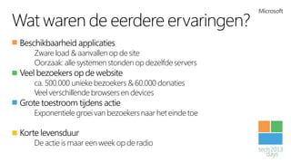 Wat waren de eerdere ervaringen?
 Beschikbaarheid applicaties
     Zware load & aanvallen op de site
     Oorzaak: alle systemen stonden op dezelfde servers
 Veel bezoekers op de website
     ca. 500.000 unieke bezoekers & 60.000 donaties
     Veel verschillende browsers en devices
 Grote toestroom tijdens actie
     Exponentiele groei van bezoekers naar het einde toe

 Korte levensduur
     De actie is maar een week op de radio
 