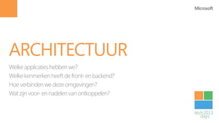 ARCHITECTUUR
Welke applicaties hebben we?
Welke kenmerken heeft de front- en backend?
Hoe verbinden we deze omgevingen?
Wat zijn voor- en nadelen van ontkoppelen?
 