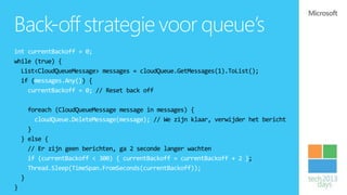 Back-off strategie voor queue’s
int currentBackoff = 0;
while (true) {
  List<CloudQueueMessage> messages = cloudQueue.GetMessages(1).ToList();
  if (messages.Any()) {
    currentBackoff = 0; // Reset back off

      foreach (CloudQueueMessage message in messages) {
        cloudQueue.DeleteMessage(message); // We zijn klaar, verwijder het bericht
      }
    } else {
      // Er zijn geen berichten, ga 2 seconde langer wachten
      if (currentBackoff < 300) { currentBackoff = currentBackoff + 2 };
      Thread.Sleep(TimeSpan.FromSeconds(currentBackoff));
    }
}
 