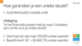 Hoe garandeer je een unieke sleutel?
• Guid.NewGuid() is redelijk uniek

Uitdaging:
“In het financiële systeem heb je maar 5 karakters
aan ruimte voor je unieke sleutel”

• Decimaal zijn dat maar 100.000 unieke waarden
• Base36 levert 365 = 60.466.176 unieke waarden
 