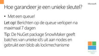 Hoe garandeer je een unieke sleutel?
• Met een queue!
Let op! Berichten op de queue verlopen na
maximaal 7 dagen
Tip: De NuGet package SnowMaker geeft
batches van unieke id’s uit aan nodes en
gebruikt een blob als lockmechanisme
 
