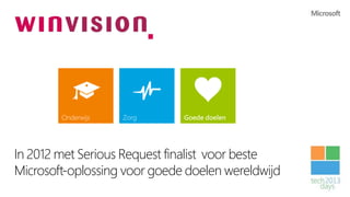 Onderwijs   Zorg      Goede doelen




In 2012 met Serious Request finalist voor beste
Microsoft-oplossing voor goede doelen wereldwijd
 