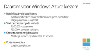 Daarom voor Windows Azure kiezen!
 Beschikbaarheid applicaties
     Applicaties hebben elkaar niet beïnvloed, geen down time
     Dagelijks updates uitgerold
 Veel bezoekers op de website
     1.500.000+ pageviews
     160.000+ donaties verwerkt
 Grote toestroom tijdens actie
     Makkelijk kunnen opschalen tot 35 servers

 Korte levensduur
     Lage hosting kosten
 