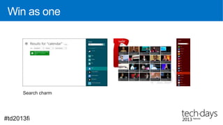 So, the five principles of good app
 design are:
    1. Do more with less
    2. Pride in craftsmanship
    3. Be fast and fluid
    4. Authentically digital
    5. Win as one


Windows 8 UX Fundamentals Training
http://channel9.msdn.com/Events/Windows-Camp/Windows-8-UX-Fundamentals-Training-Workshop-2012


#td2013fi
 